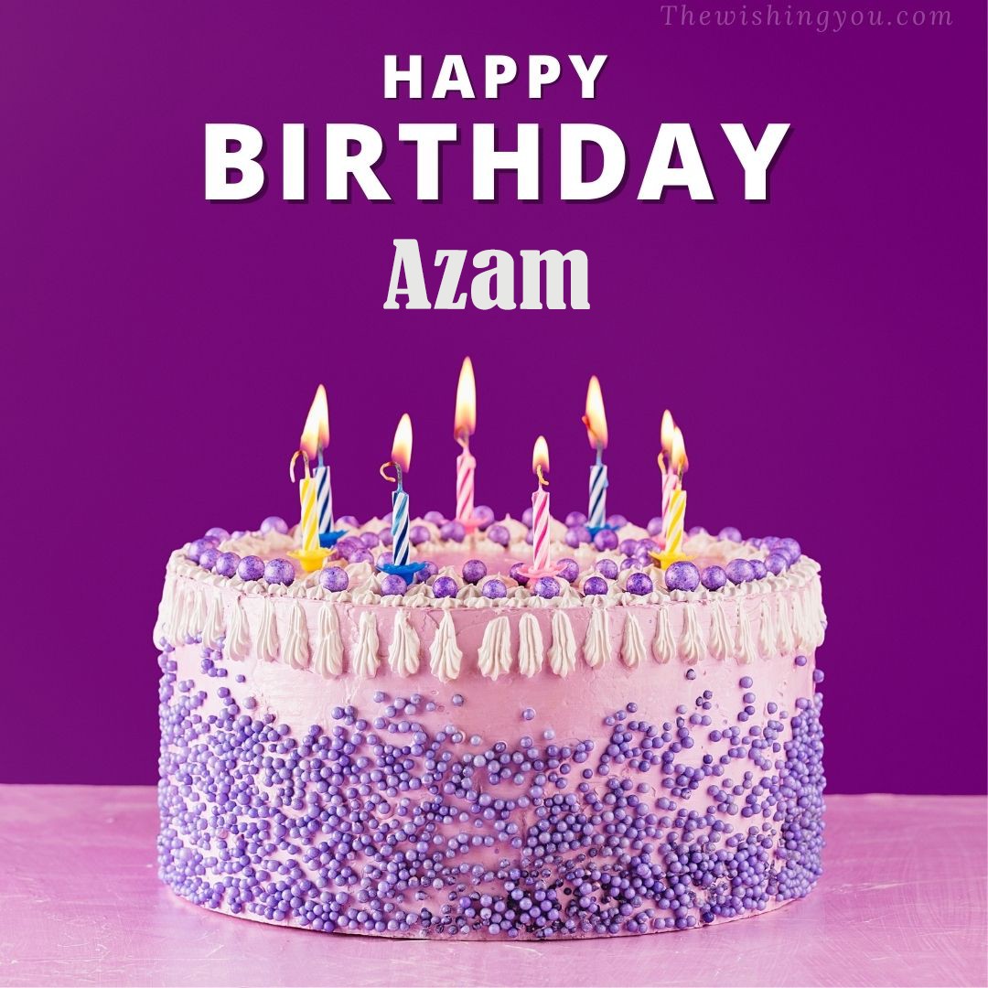 Happy birthday Azam written on image White and blue cake and burning candles Violet background