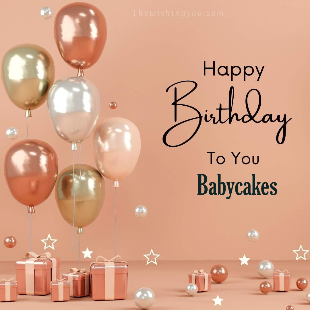 Happy birthday Babycakes written on image Light Yello and white and pink Balloons with many gift box Pink Background