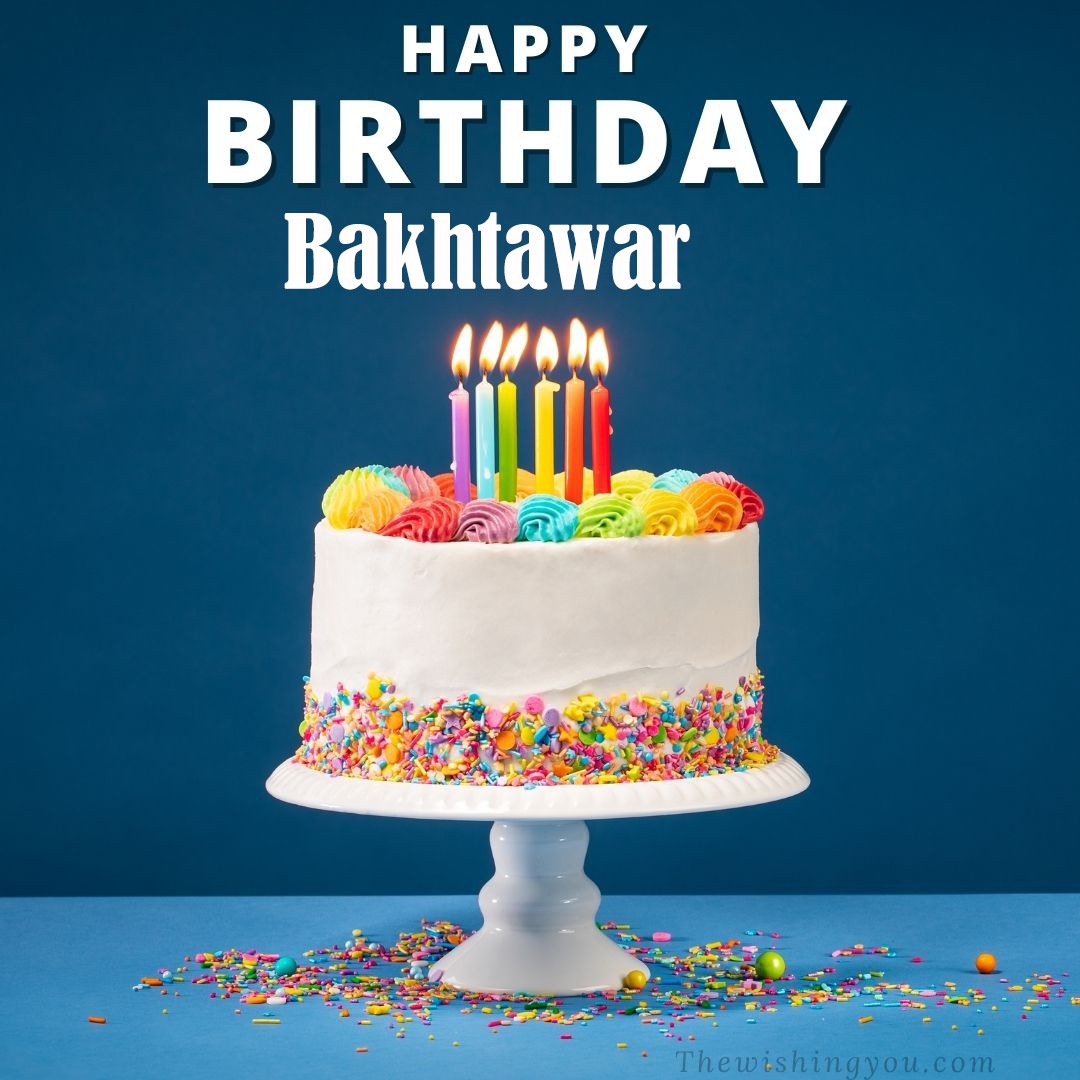 Happy birthday Bakhtawar written on image White cake keep on White stand and burning candles Sky background