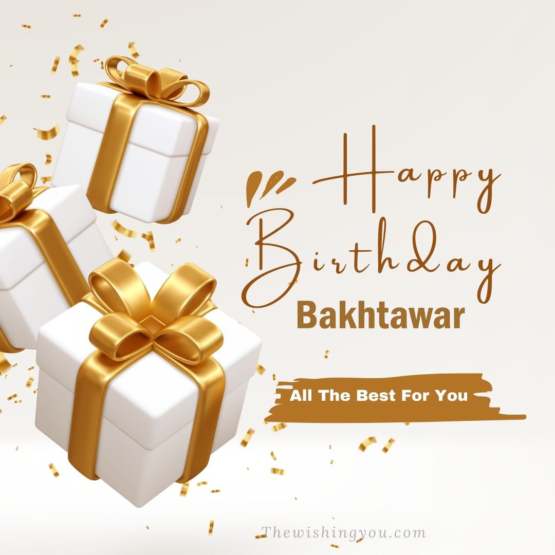 Happy birthday Bakhtawar written on image White gift boxes with Yellow ribon with white background
