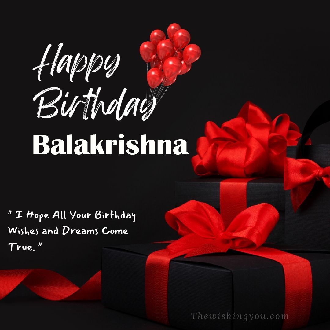 Happy birthday Balakrishna written on image red ballons and gift box with red ribbon Dark Black background