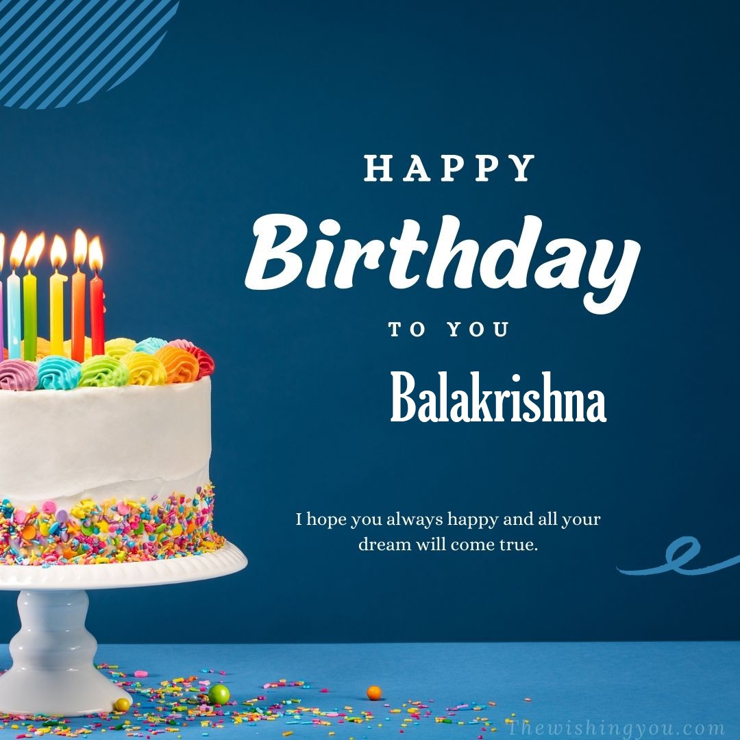 Happy birthday Balakrishna written on image white cake and burning candle Blue Background