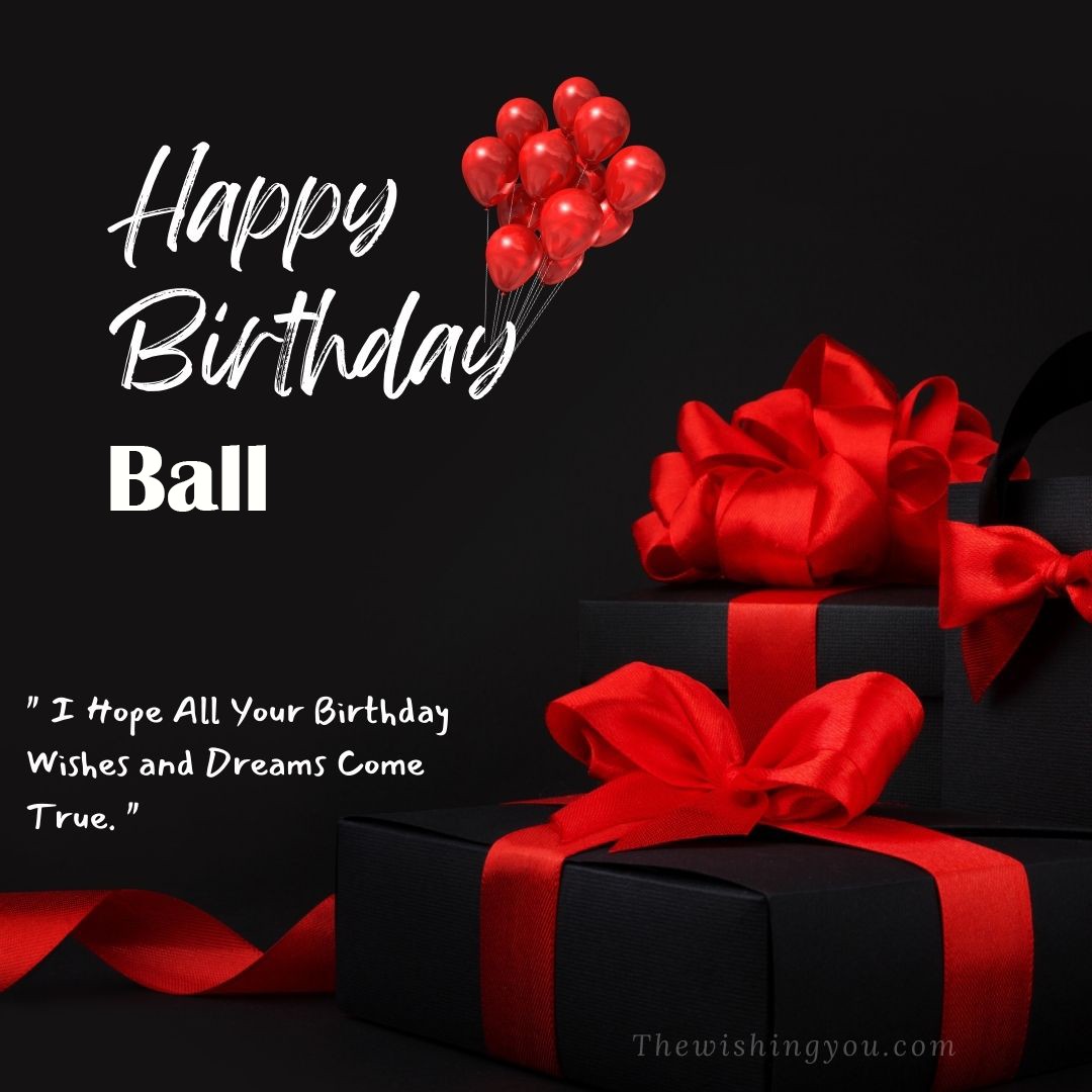 Happy birthday Ball written on image red ballons and gift box with red ribbon Dark Black background