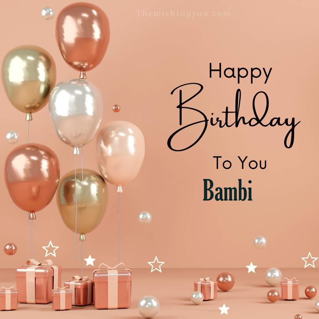 Happy birthday Bambi written on image Light Yello and white and pink Balloons with many gift box Pink Background