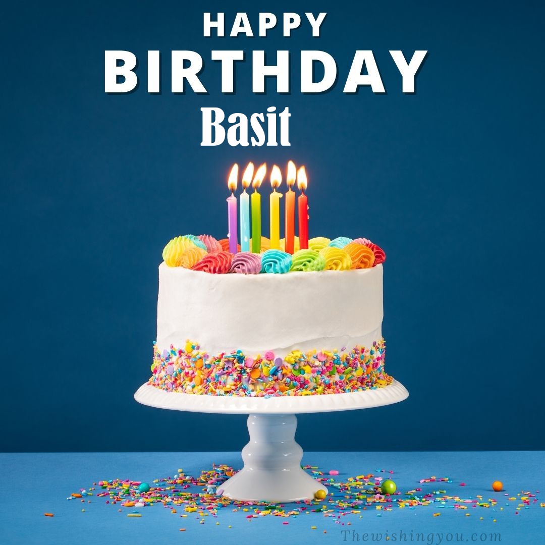 Happy birthday Basit written on image White cake keep on White stand and burning candles Sky background