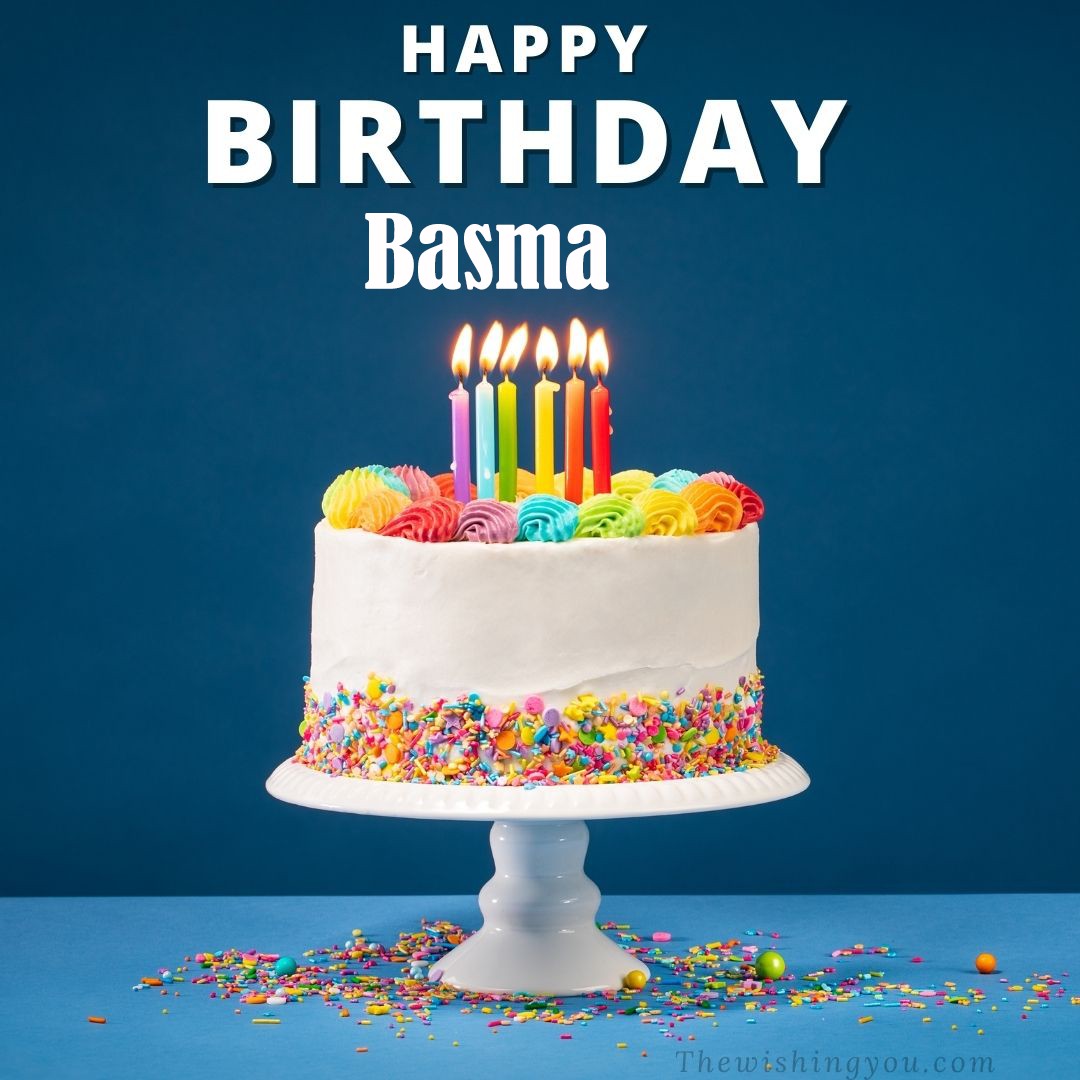 Happy birthday Basma written on image White cake keep on White stand and burning candles Sky background