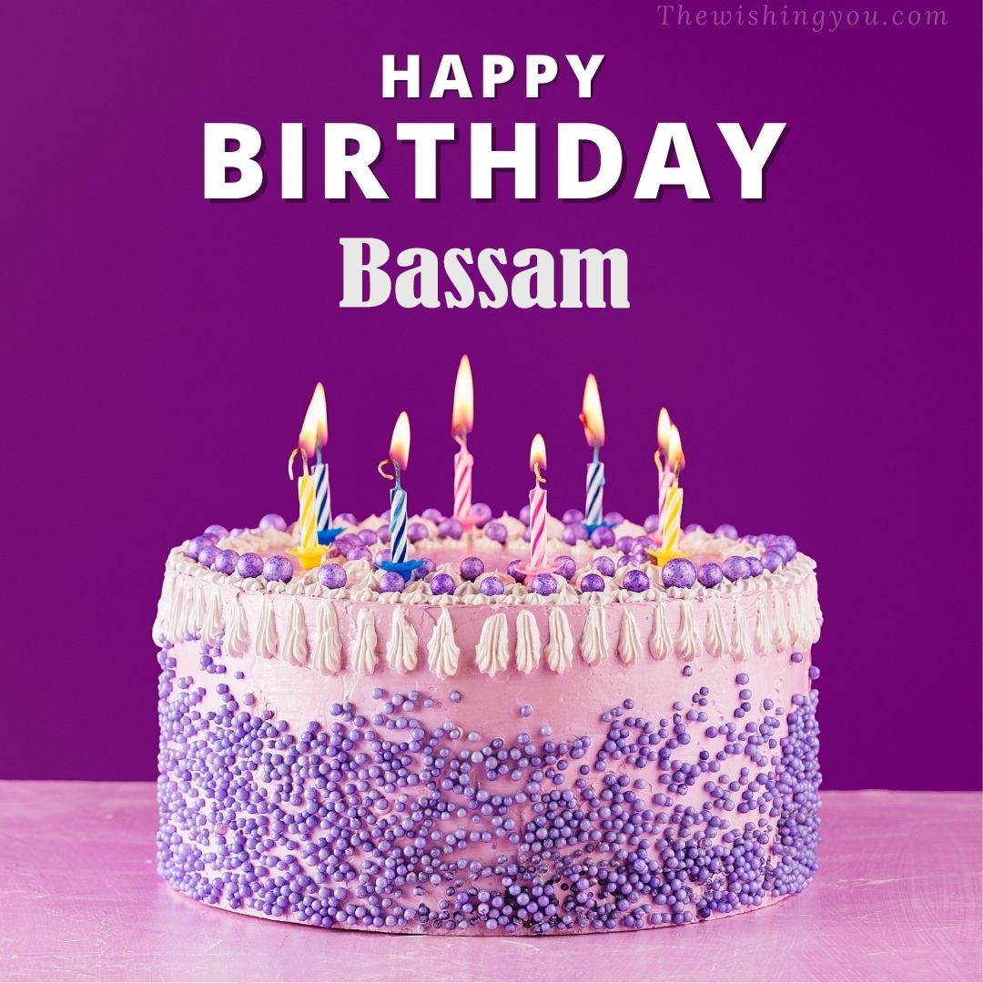 Happy birthday Bassam written on image White and blue cake and burning candles Violet background