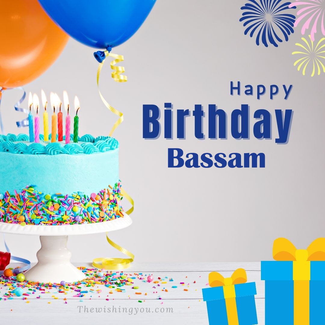 Happy birthday Bassam written on image White cake keep on White stand and blue gift boxes with Yellow ribon with Sky background