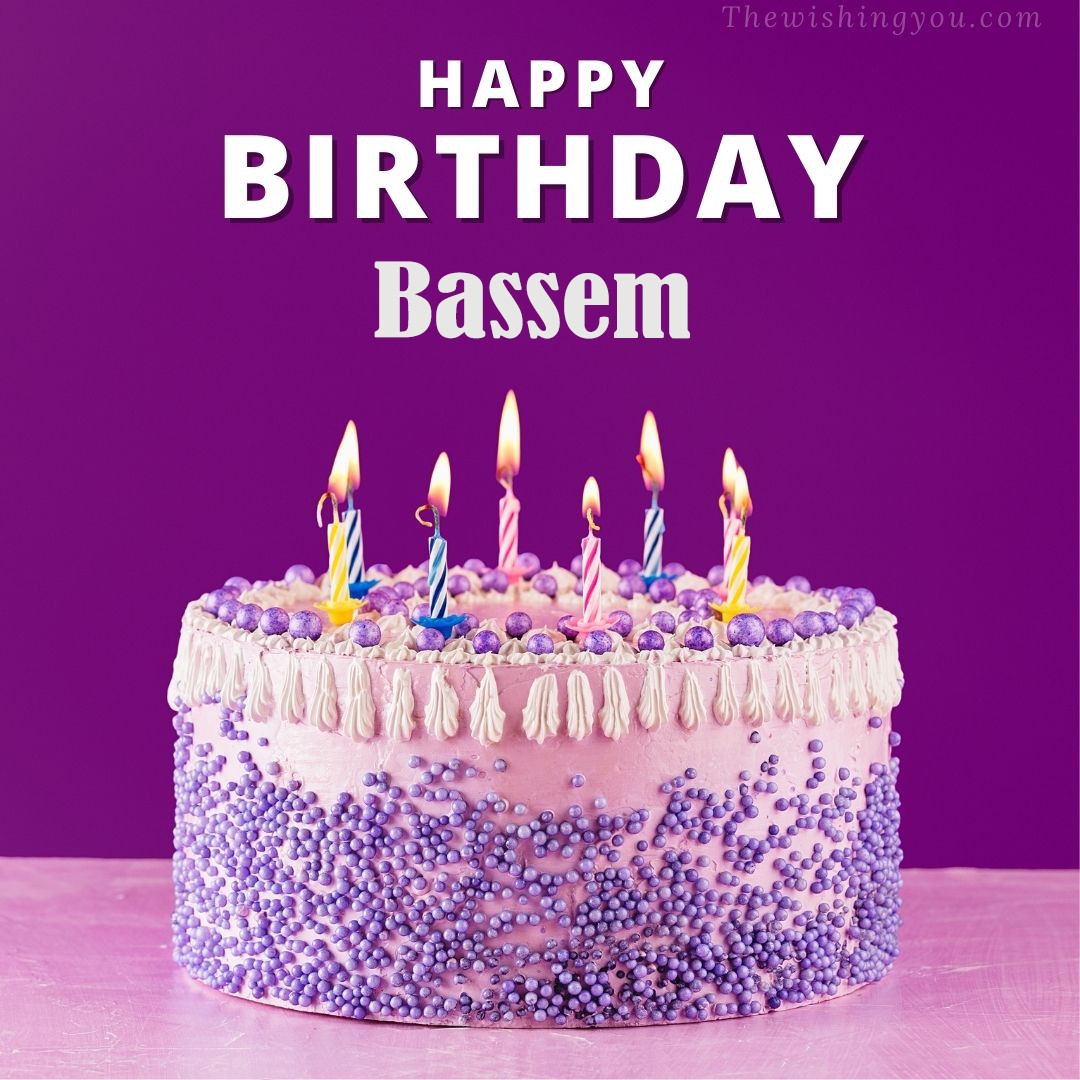 Happy birthday Bassem written on image White and blue cake and burning candles Violet background
