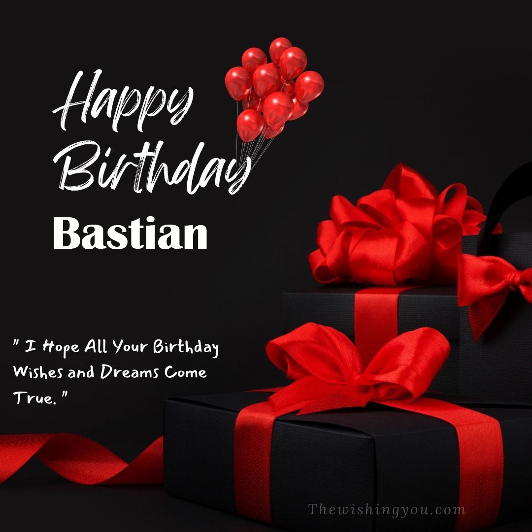 Happy birthday Bastian written on image red ballons and gift box with red ribbon Dark Black background