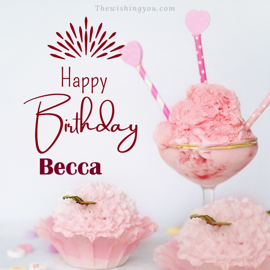 Happy birthday Becca written on image pink cup cake and Light White background