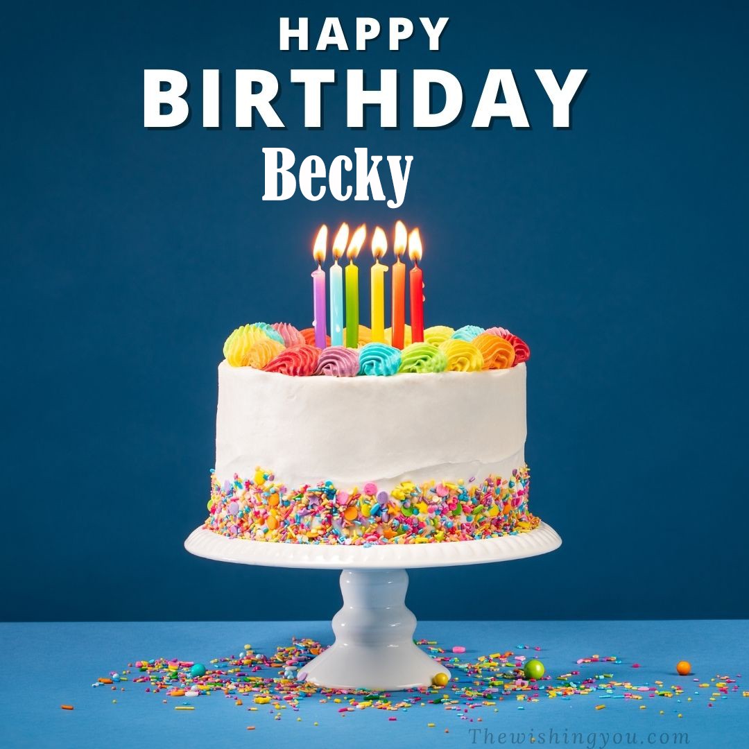 Happy birthday Becky written on image White cake keep on White stand and burning candles Sky background