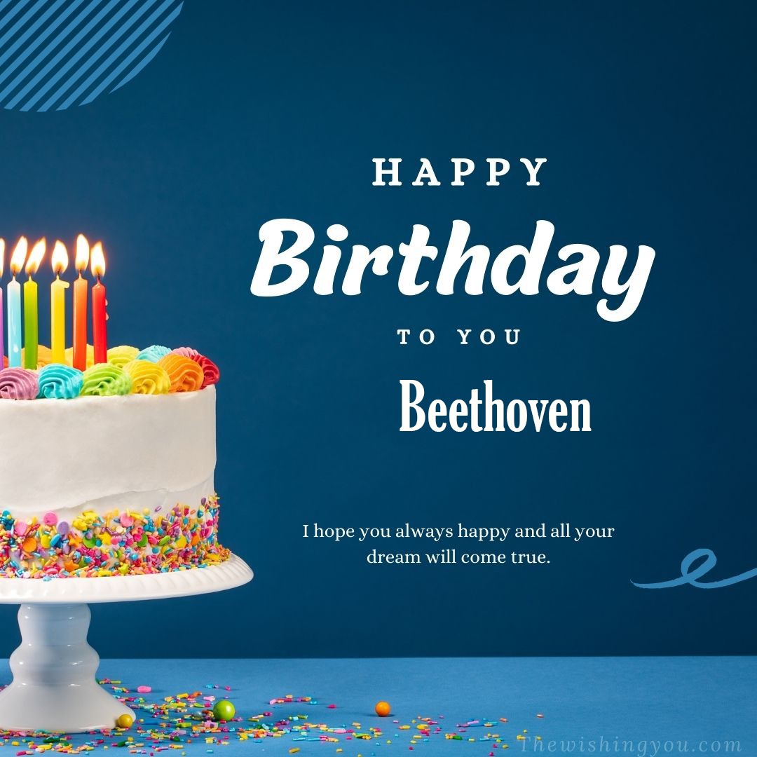 Happy birthday Beethoven written on image white cake and burning candle Blue Background