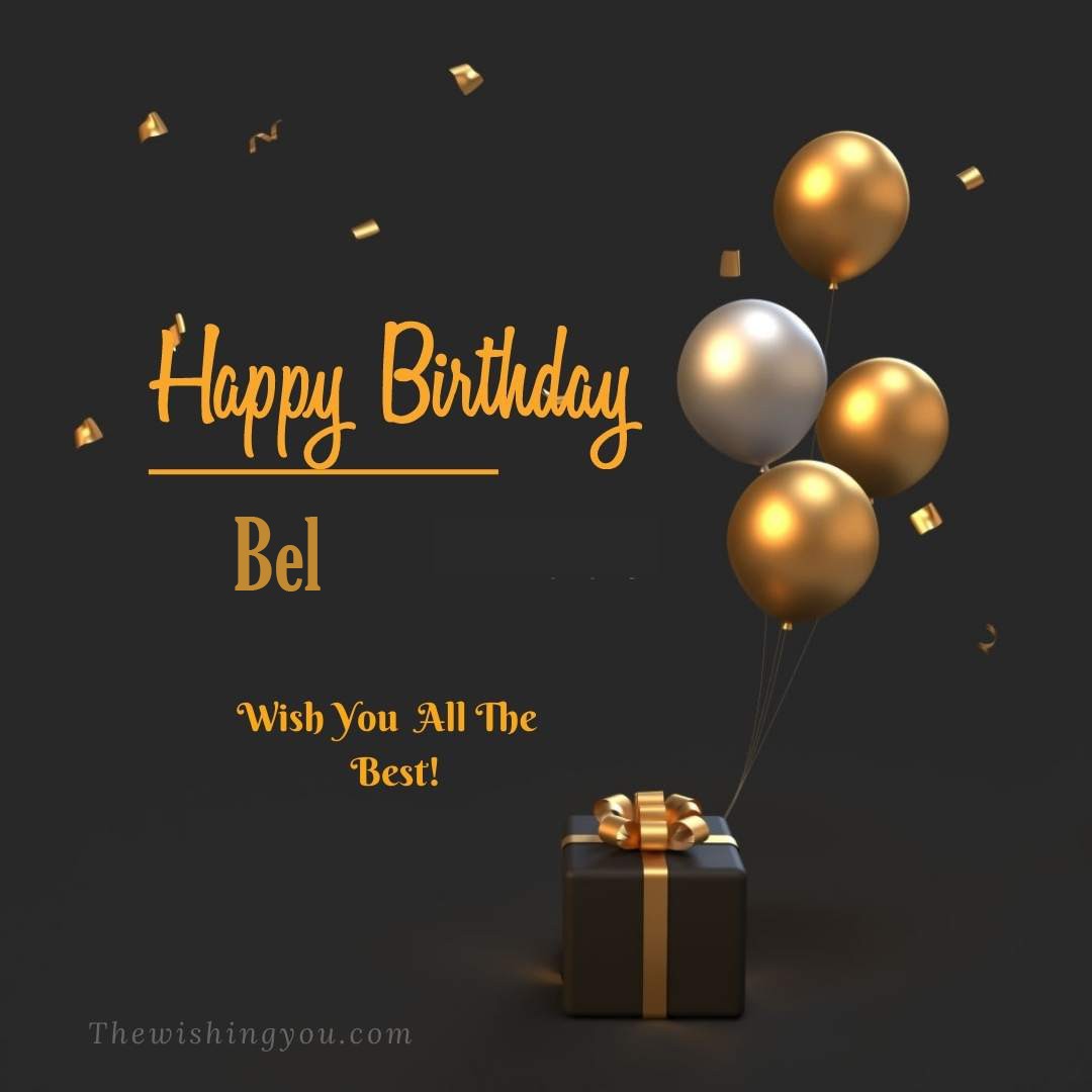 Happy birthday Bel written on image Light Yello and white Balloons with gift box Dark Background
