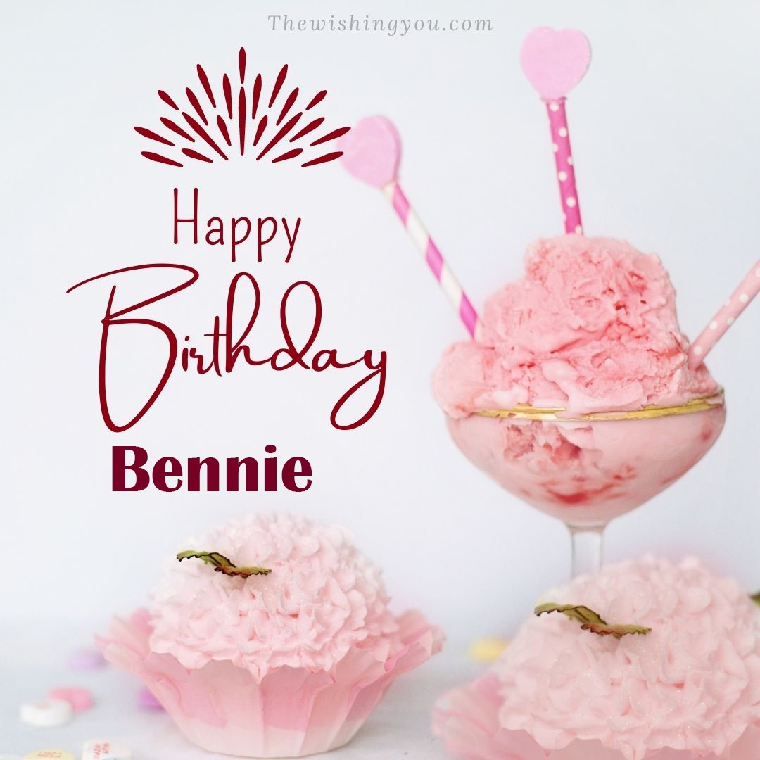Happy birthday Bennie written on image pink cup cake and Light White background