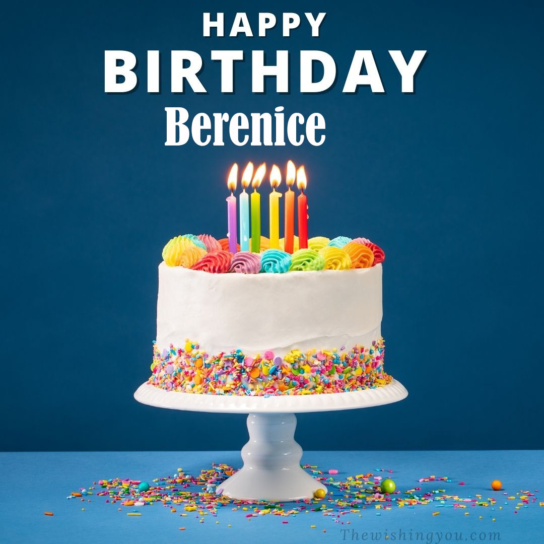 Happy birthday Berenice written on image White cake keep on White stand and burning candles Sky background