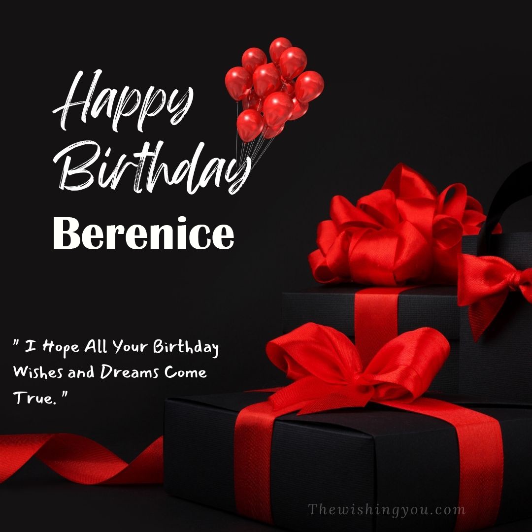 Happy birthday Berenice written on image red ballons and gift box with red ribbon Dark Black background