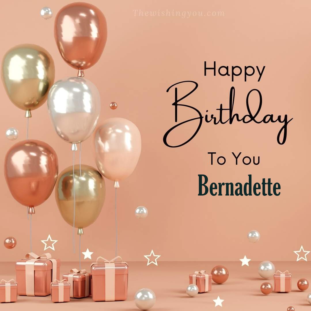 Happy birthday Bernadette written on image Light Yello and white and pink Balloons with many gift box Pink Background