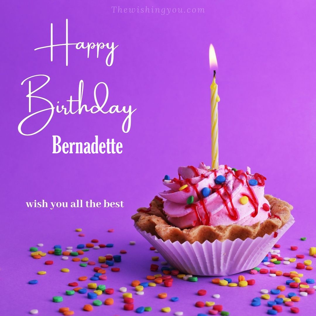 Happy birthday Bernadette written on image cup cake burning candle Purple background