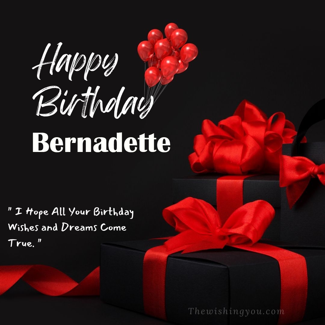 Happy birthday Bernadette written on image red ballons and gift box with red ribbon Dark Black background