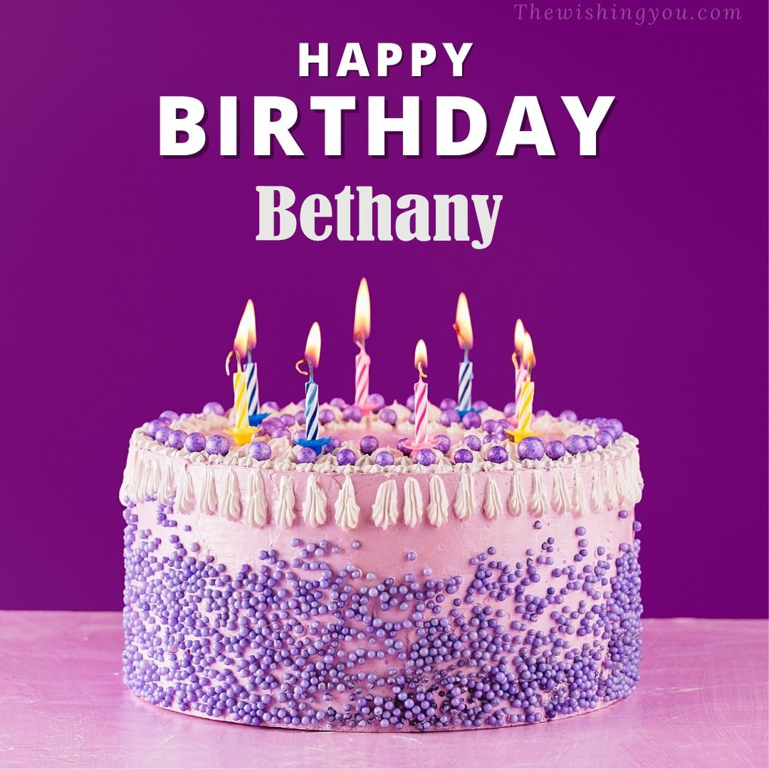 Happy birthday Bethany written on image White and blue cake and burning candles Violet background