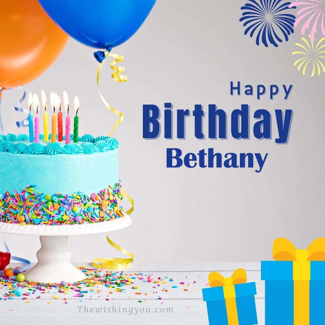 Happy birthday Bethany written on image White cake keep on White stand and blue gift boxes with Yellow ribon with Sky background