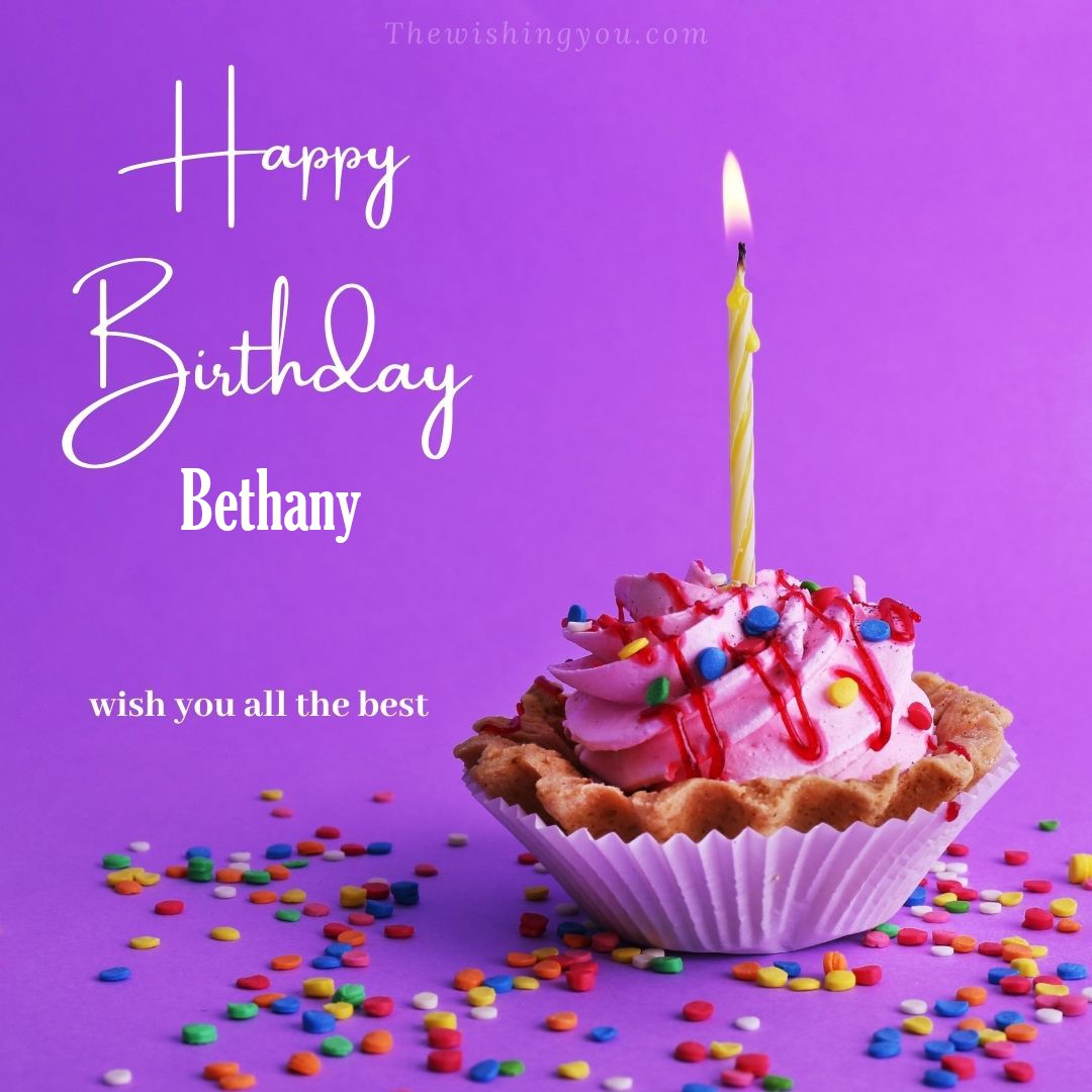 Happy birthday Bethany written on image cup cake burning candle Purple background
