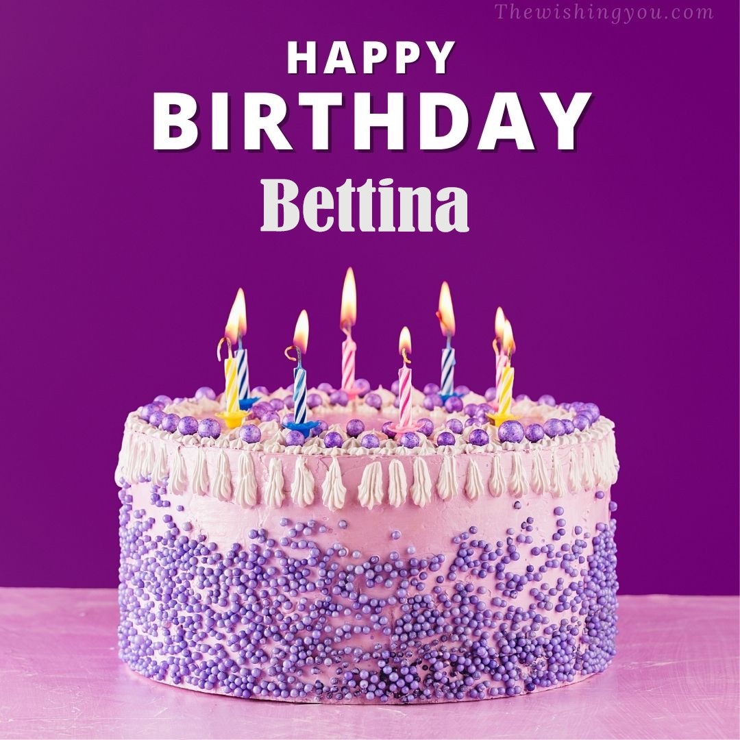 Happy birthday Bettina written on image White and blue cake and burning candles Violet background