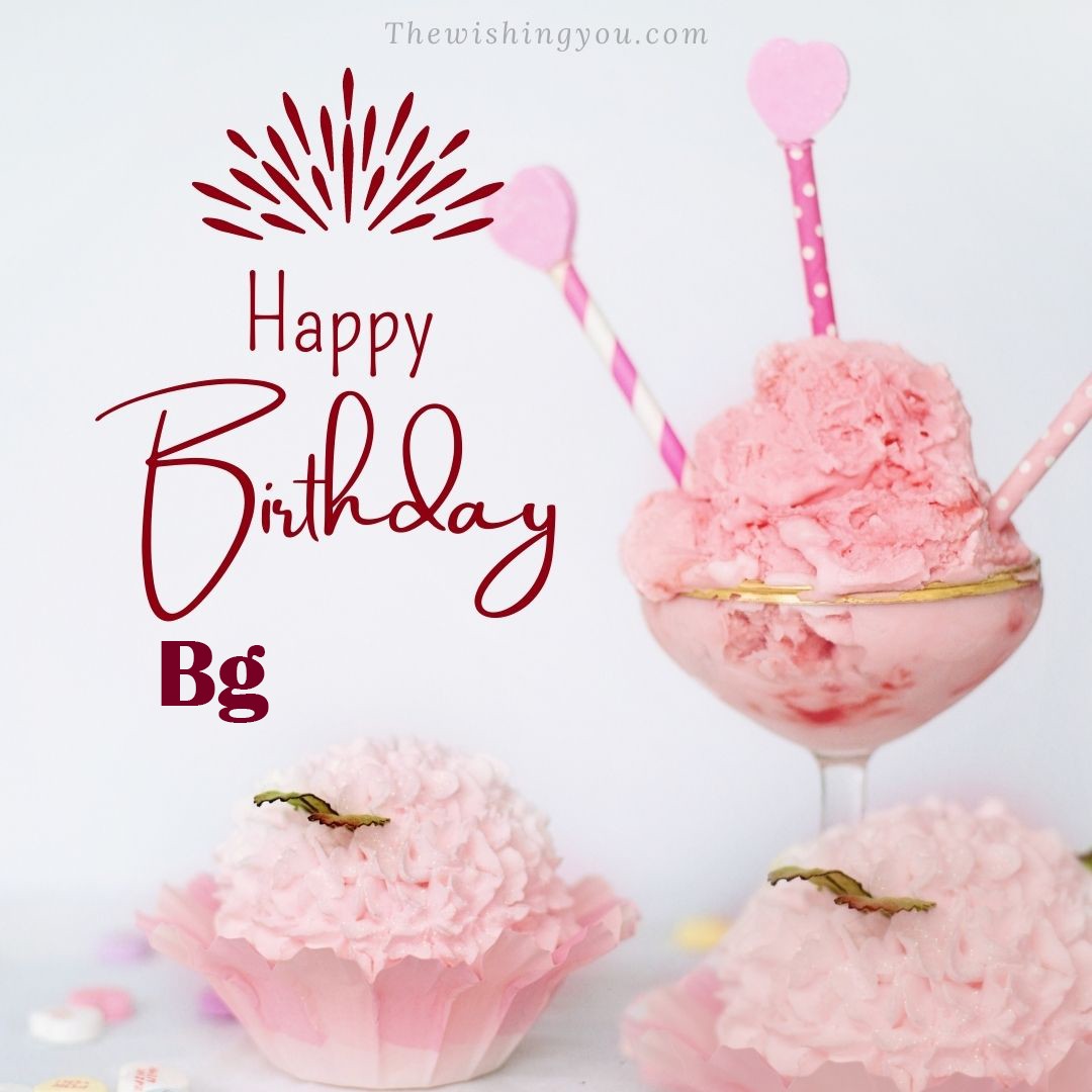 Happy birthday Bg written on image pink cup cake and Light White background