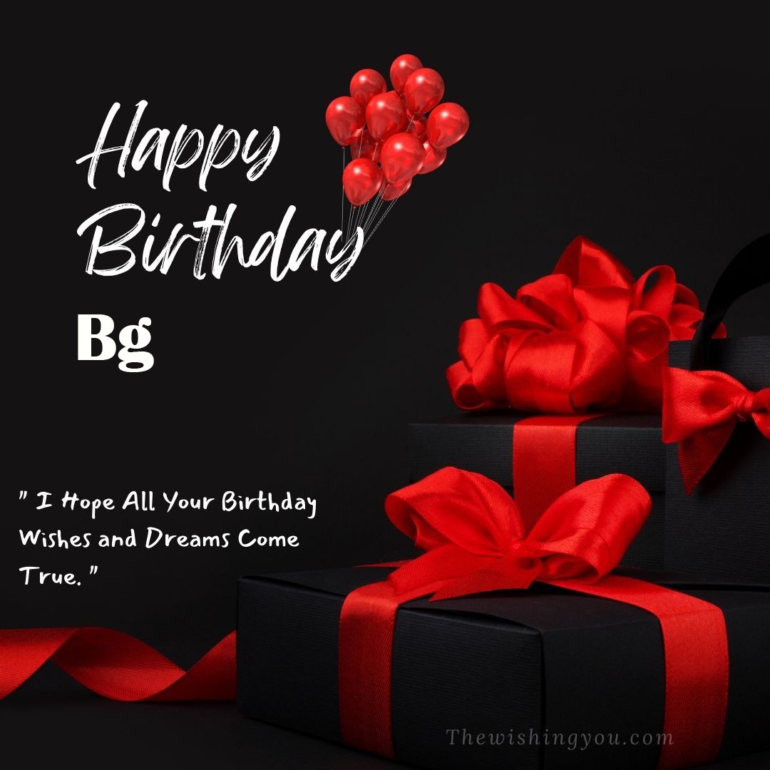 Happy birthday Bg written on image red ballons and gift box with red ribbon Dark Black background