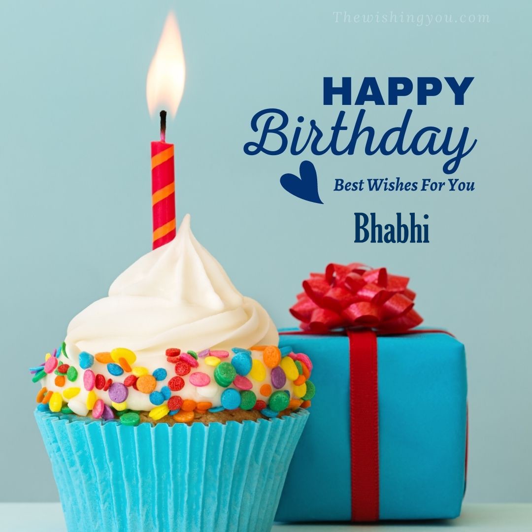 Happy birthday Bhabhi written on image Blue Cup cake and burning candle blue Gift boxes with red ribon