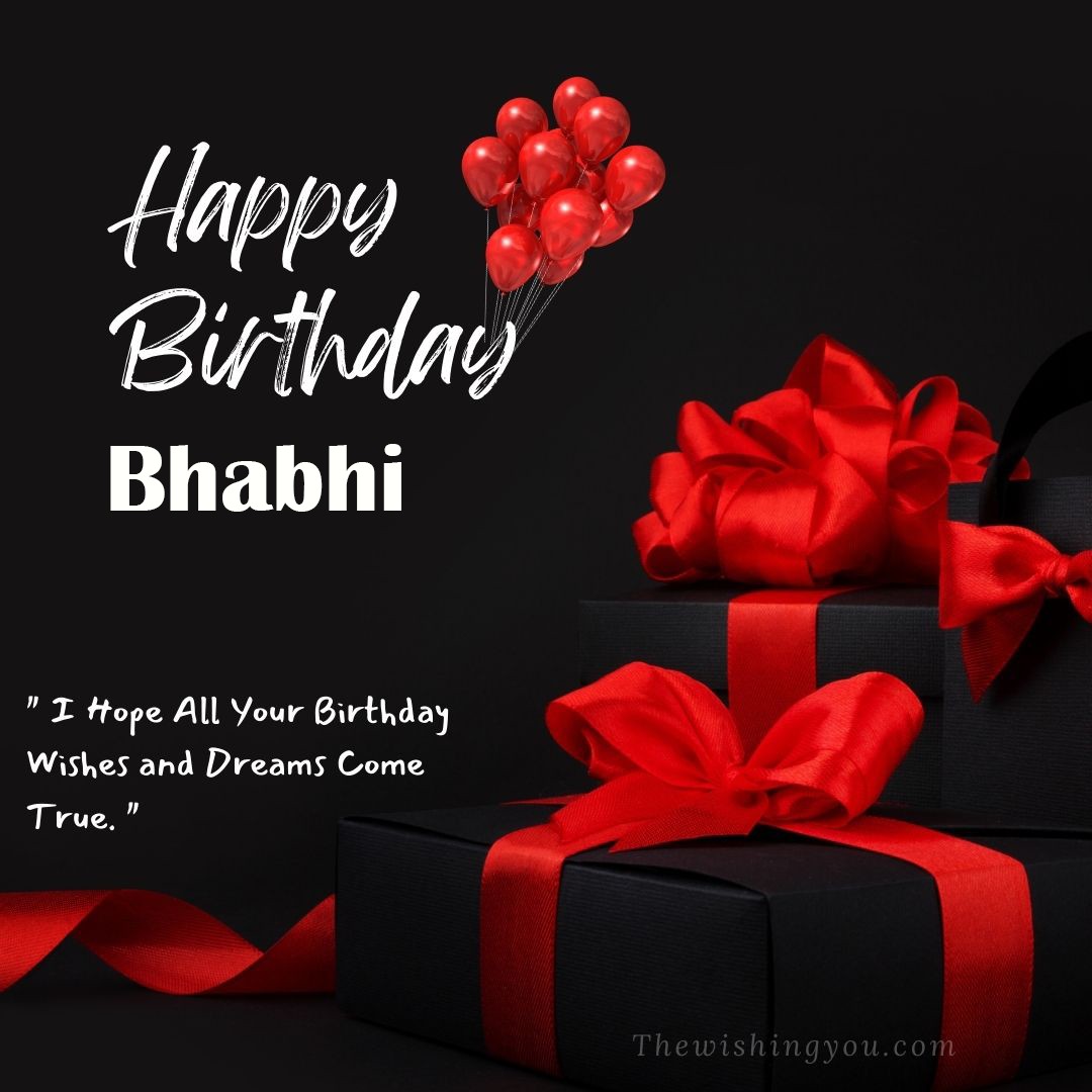 Happy birthday Bhabhi written on image red ballons and gift box with red ribbon Dark Black background