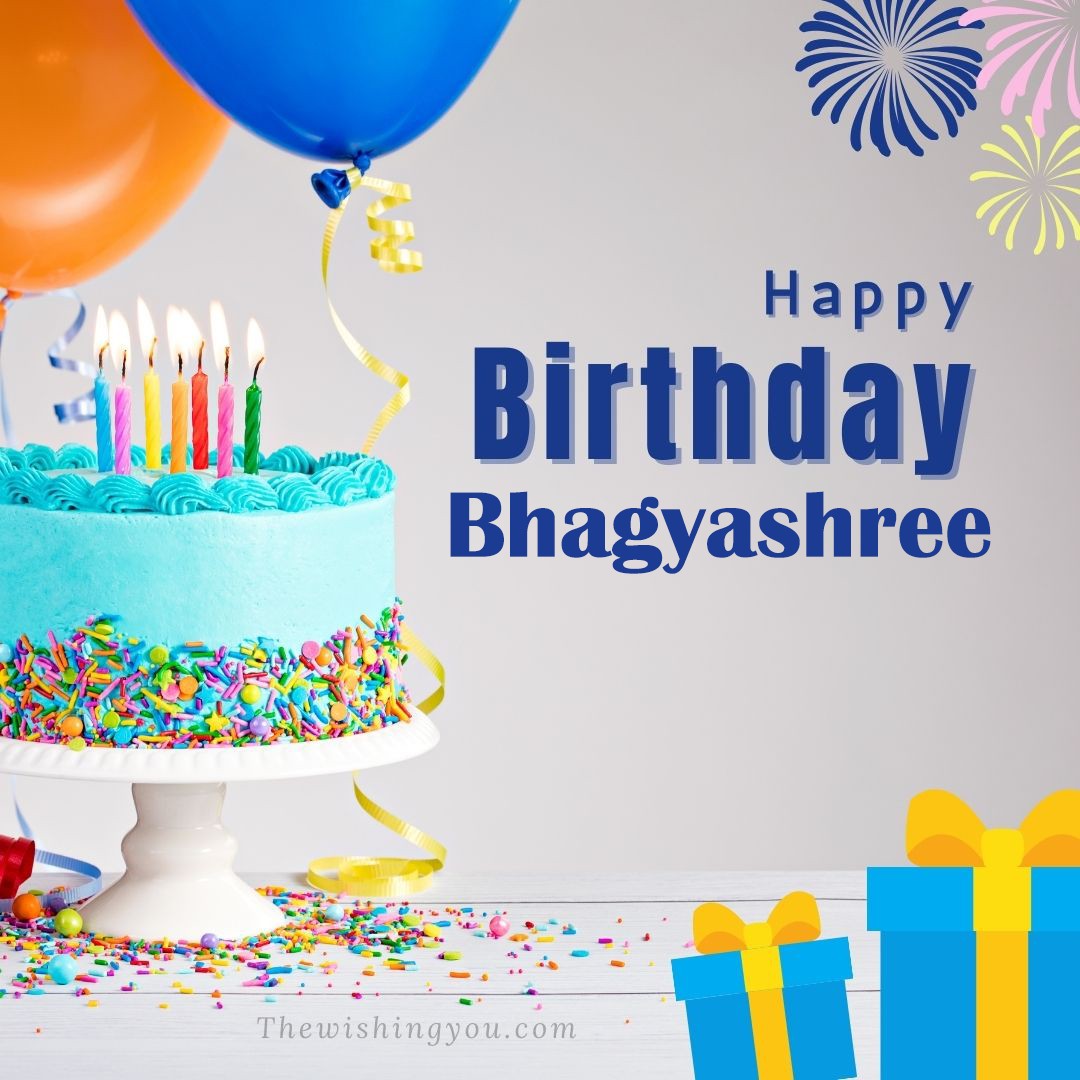 Happy birthday Bhagyashree written on image White cake keep on White stand and blue gift boxes with Yellow ribon with Sky background