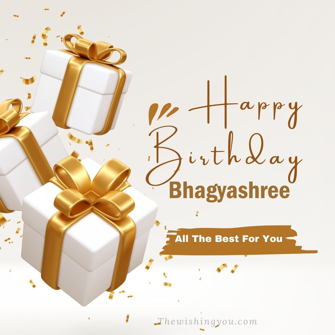 Happy birthday Bhagyashree written on image White gift boxes with Yellow ribon with white background