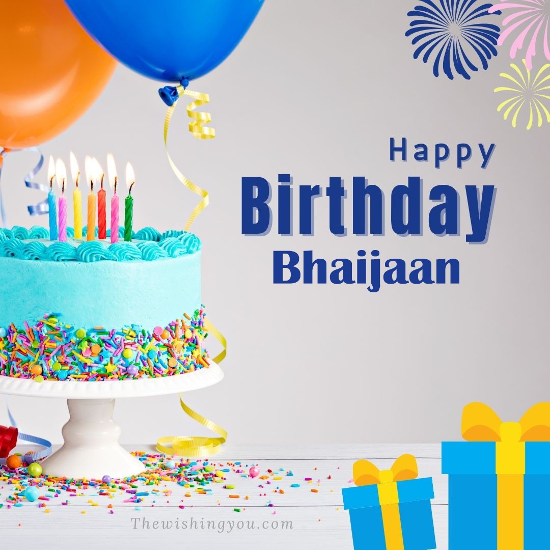 Happy birthday Bhaijaan written on image White cake keep on White stand and blue gift boxes with Yellow ribon with Sky background