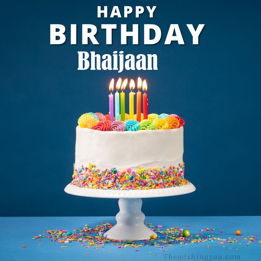 Happy birthday Bhaijaan written on image White cake keep on White stand and burning candles Sky background