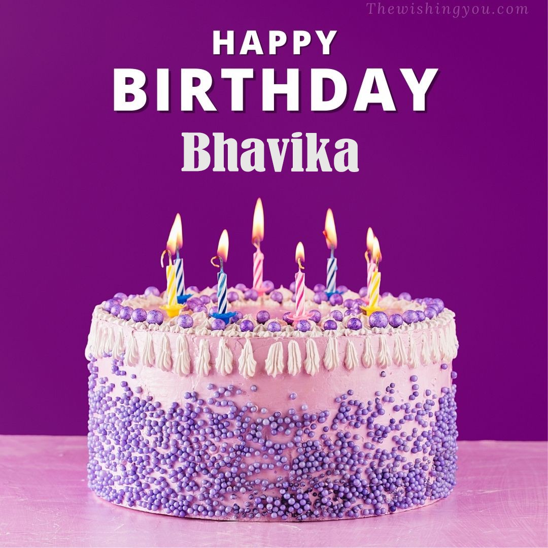Happy birthday Bhavika written on image White and blue cake and burning candles Violet background