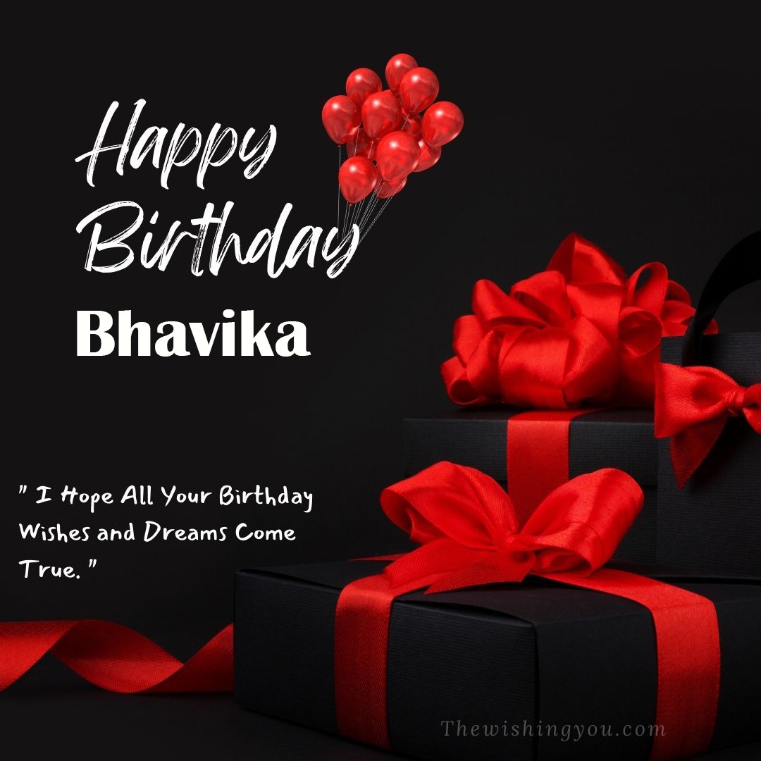 Happy birthday Bhavika written on image red ballons and gift box with red ribbon Dark Black background