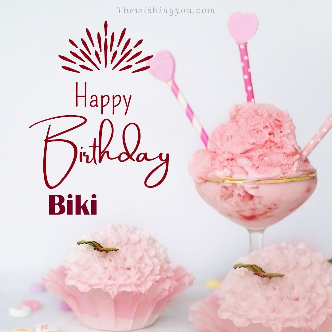 Happy birthday Biki written on image pink cup cake and Light White background