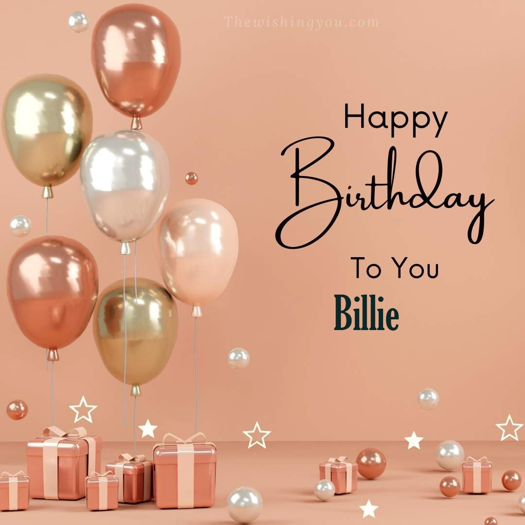Happy birthday Billie written on image Light Yello and white and pink Balloons with many gift box Pink Background