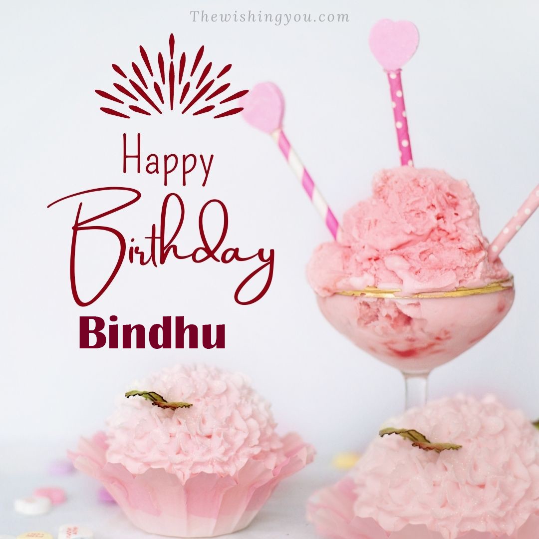Happy birthday Bindhu written on image pink cup cake and Light White background