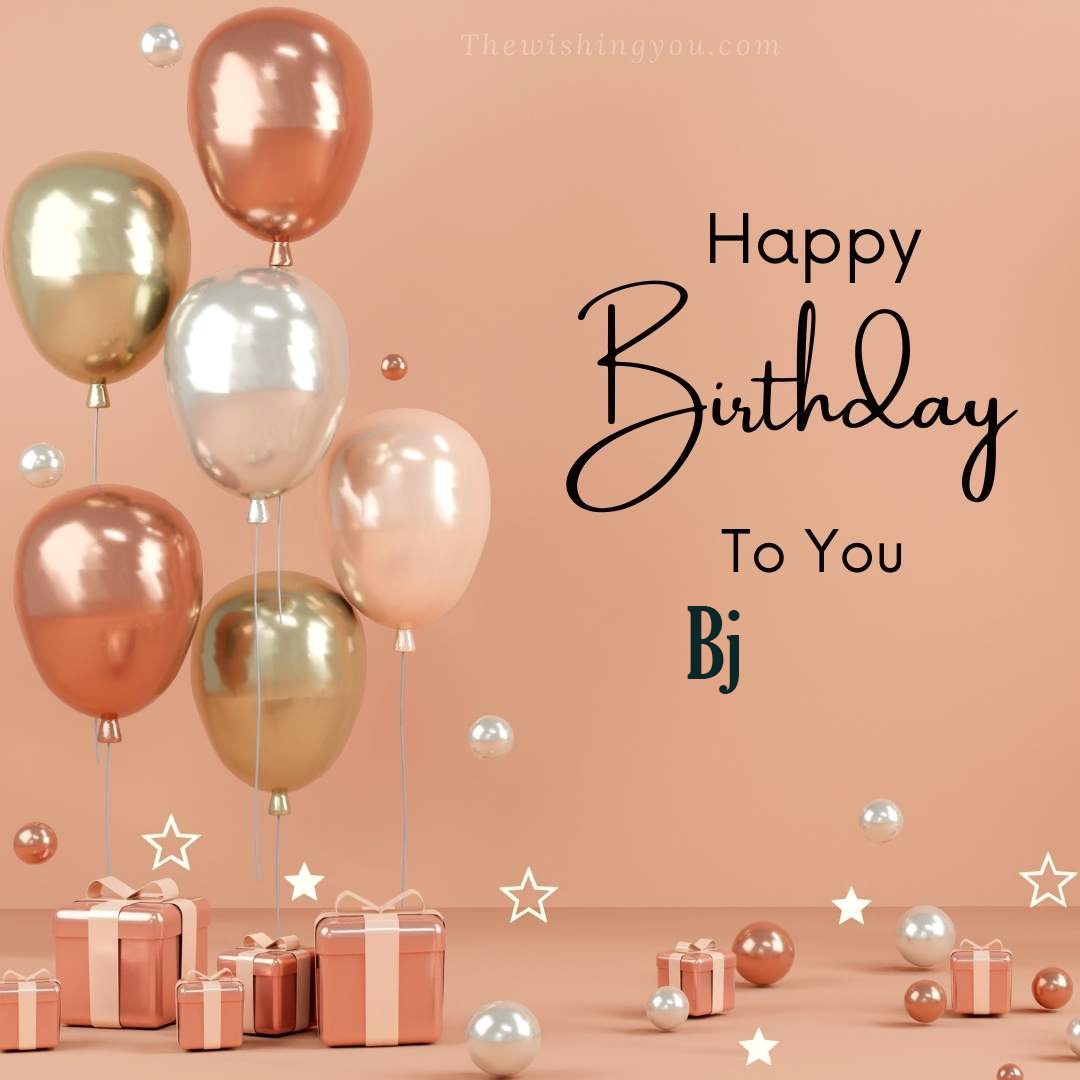 Happy birthday Bj written on image Light Yello and white and pink Balloons with many gift box Pink Background