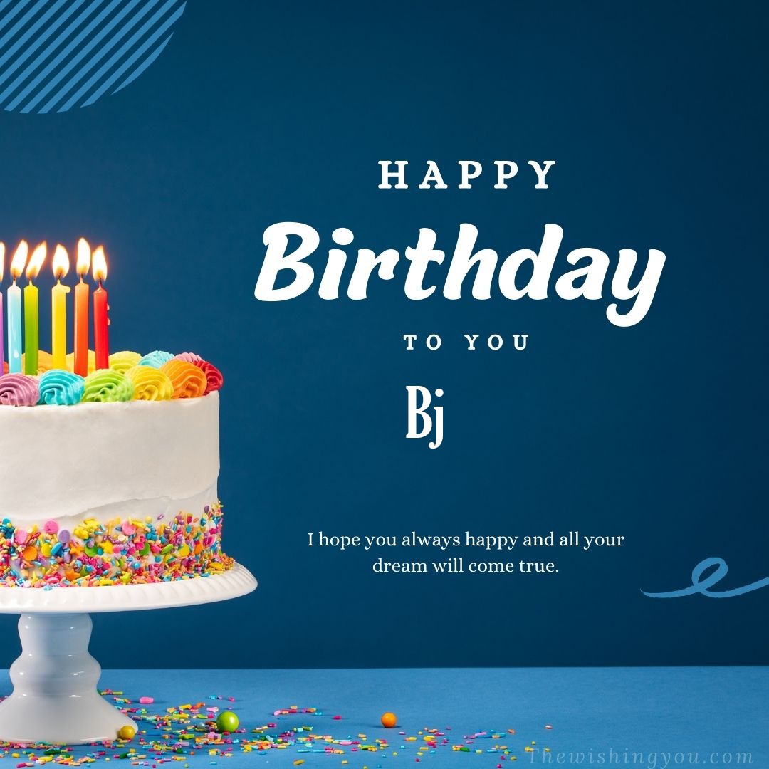 Happy birthday Bj written on image white cake and burning candle Blue Background