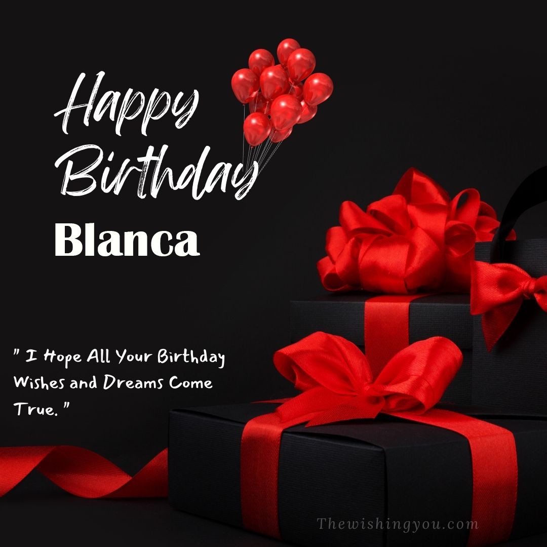 Happy birthday Blanca written on image red ballons and gift box with red ribbon Dark Black background
