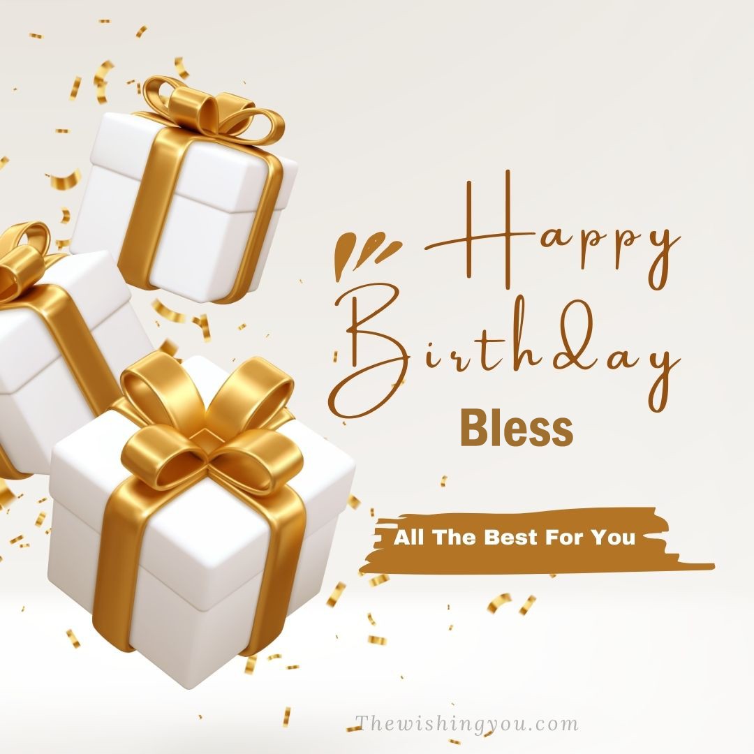 Happy birthday Bless written on image White gift boxes with Yellow ribon with white background