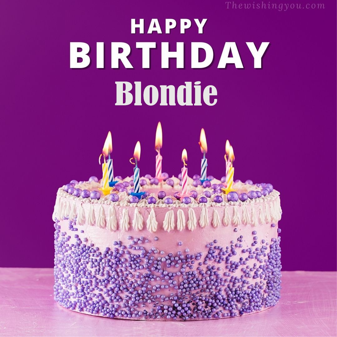 Happy birthday Blondie written on image White and blue cake and burning candles Violet background