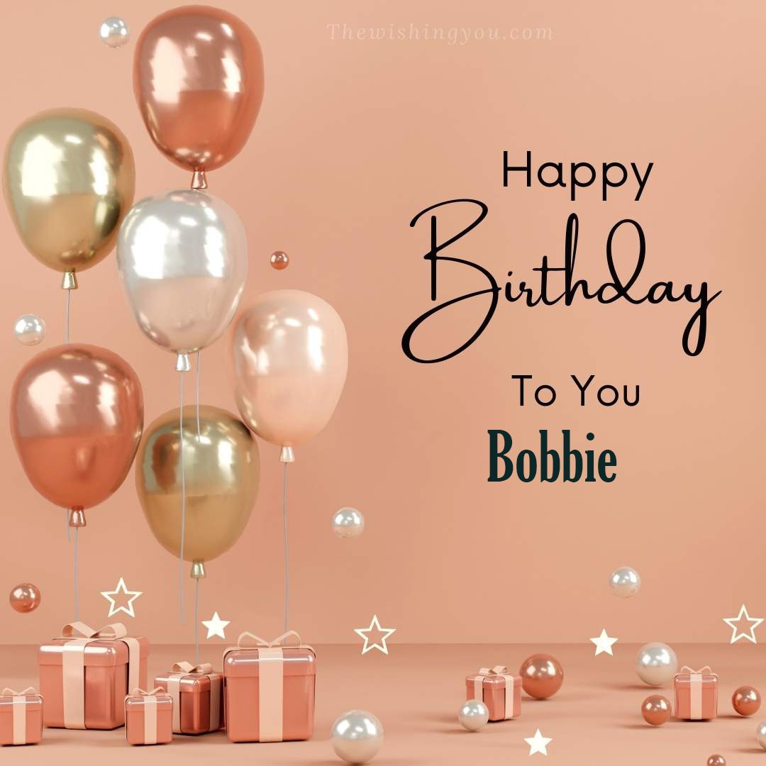 Happy birthday Bobbie written on image Light Yello and white and pink Balloons with many gift box Pink Background