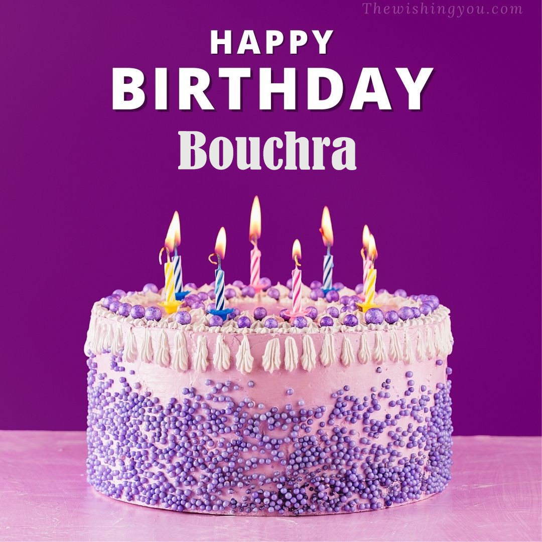Happy birthday Bouchra written on image White and blue cake and burning candles Violet background
