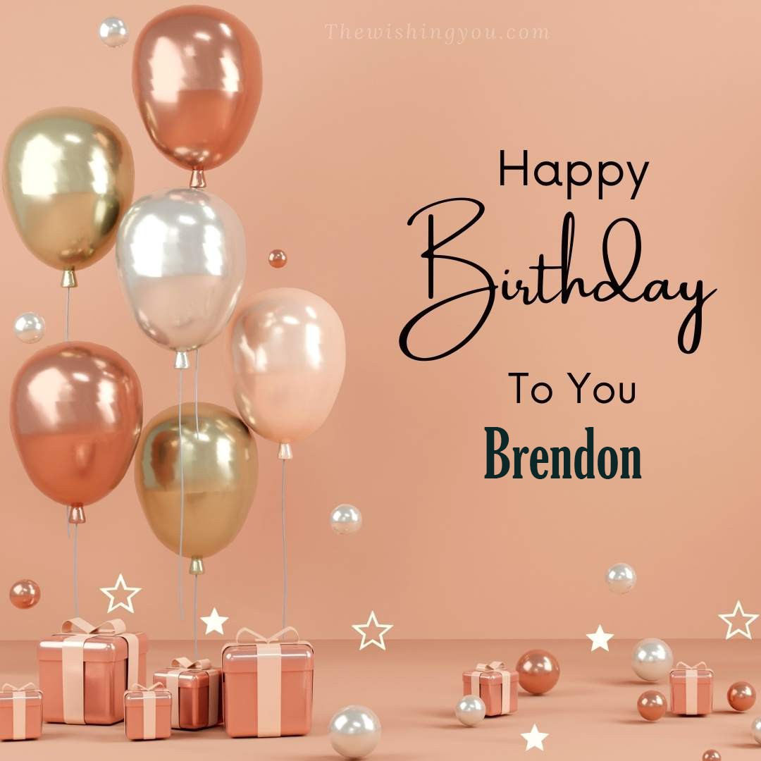 Happy birthday Brendon written on image Light Yello and white and pink Balloons with many gift box Pink Background