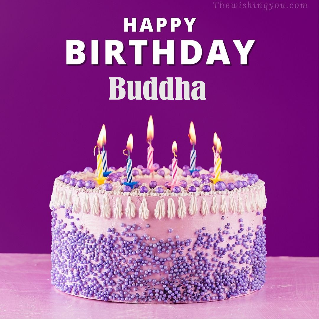 Happy birthday Buddha written on image White and blue cake and burning candles Violet background